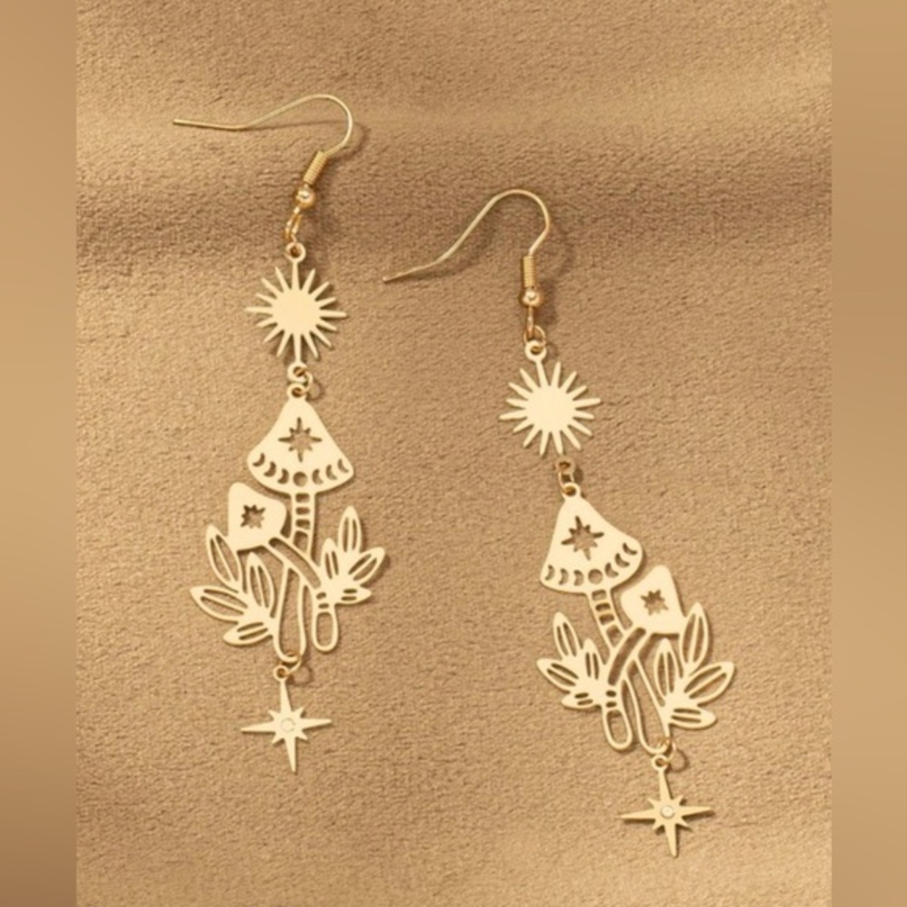 Gold Mushroom and star and sun cut out design dangle earrings